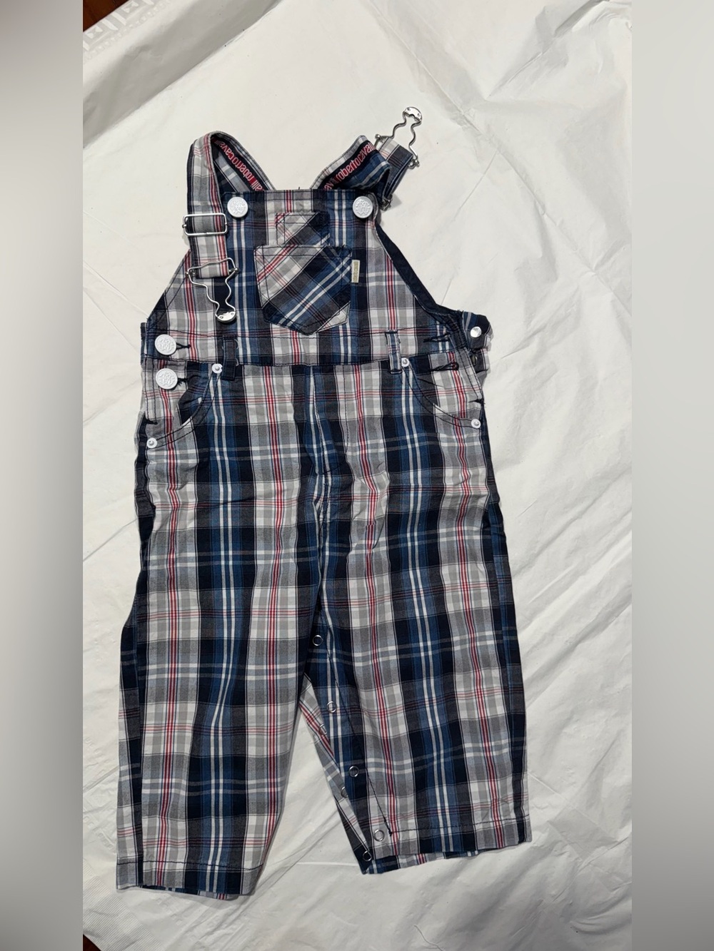 Roberto Cavalli Navy Blue, White & Red Plaid Kids Overalls
